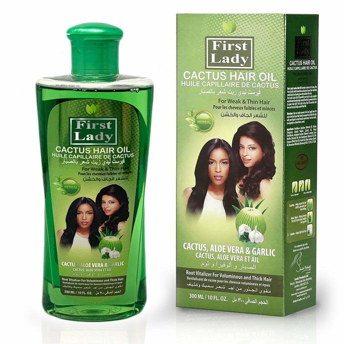 First Lady Cactus Hair Oil contains extracts of Cactus, Aloe Vera & Garlic which nourishes and protects hair and helps control hair loss.