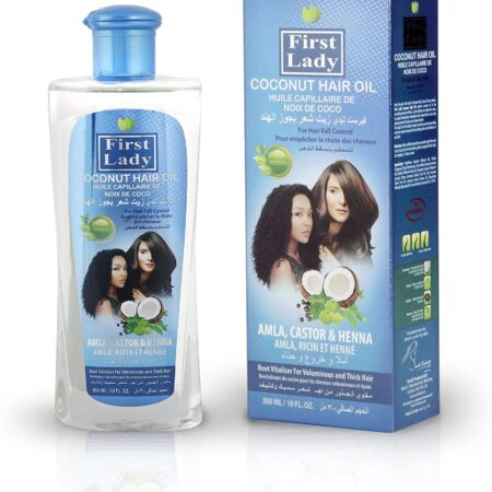 First Lady Coconut Hair Oil strengthens hair strands, adds volume & thickness, deeply nourishes. Contains coconut oil & extracts of Amla, Castor & Henna.