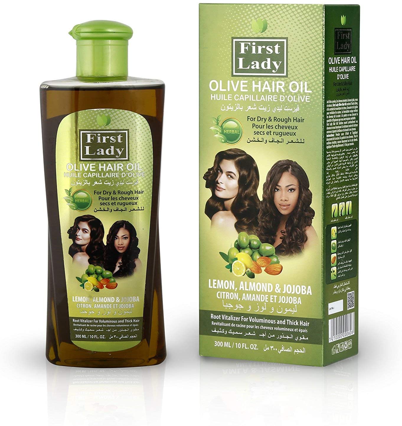 First Lady Olive Hair Oil contains Olive, Lemon, Almond & Jojoba extracts. The unique formulatiion strengthens hair strands, provides volume & thickness.
