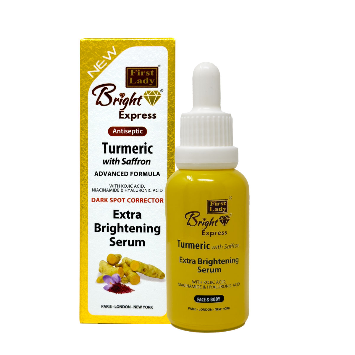 Skin brightening face & body serum made with Turmeric, Saffron, Kojic Acid and Niacinamide.