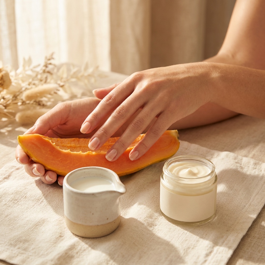 Hands holding fresh papaya beside goat milk and a jar of First Lady GlutaWhite Egyptian glutathione cream
