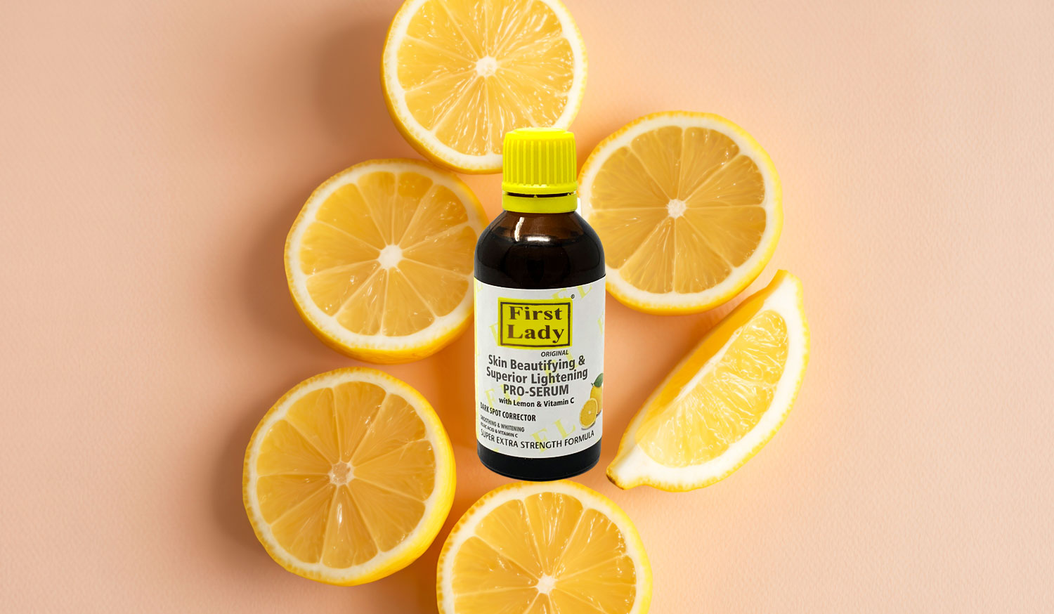 First Lady Kojic Acid Brightening Serum with Lemon and Vitamin C bottle surrounded by fresh lemon slices