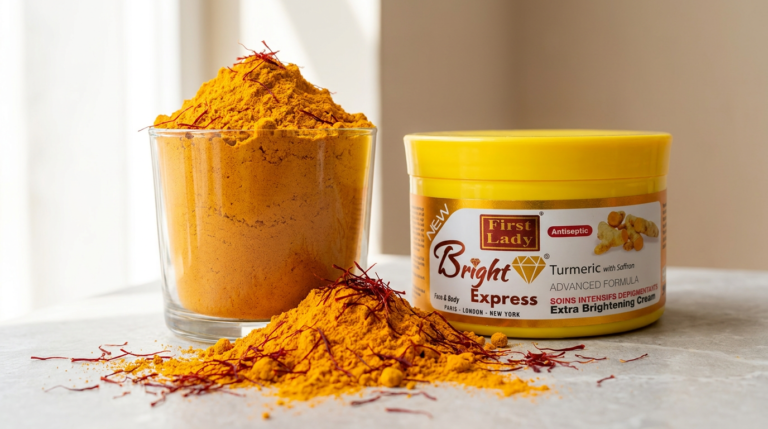 Turmeric powder and saffron threads beside the First Lady Bright Express Turmeric with Saffron jar