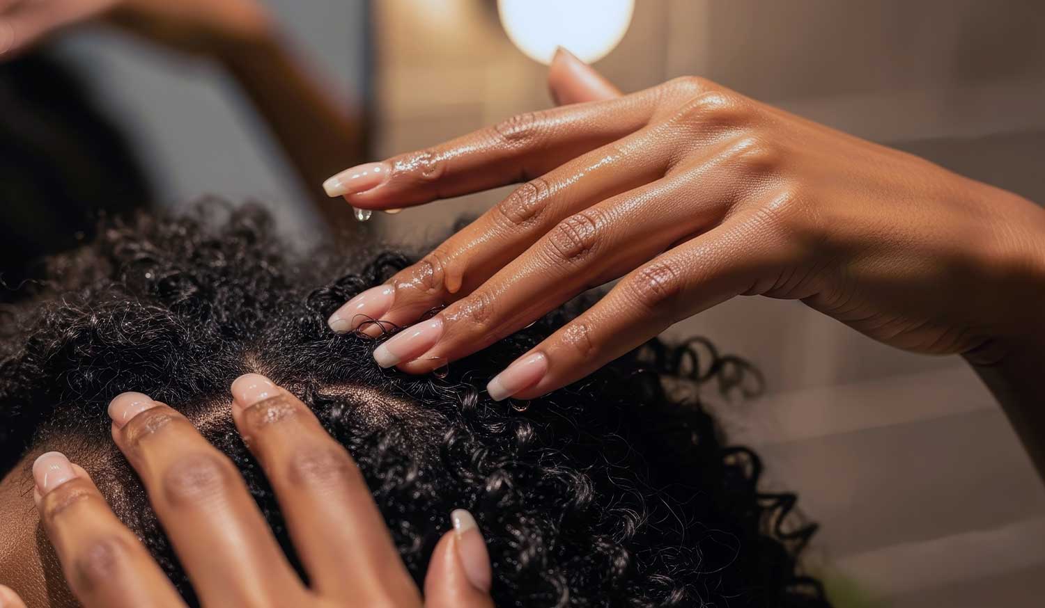 Hands applying First Lady placenta protein hair oil with a dropper to natural curly hair and scalp