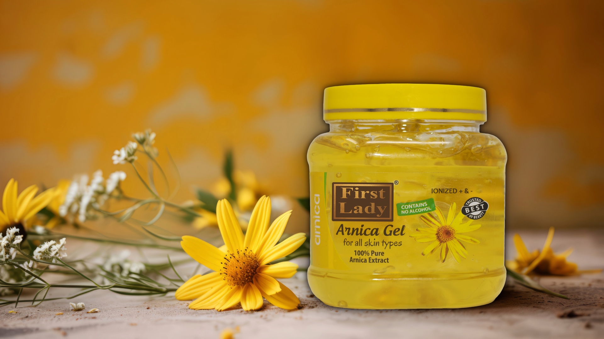 First Lady Arnica Gel jar with fresh arnica flowers, 100% pure arnica extract