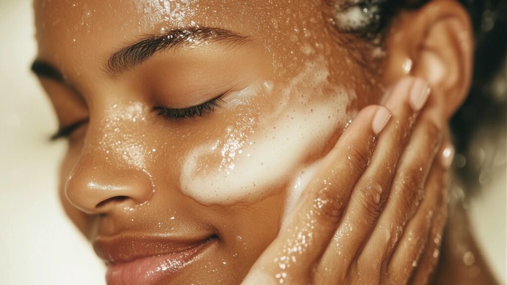 Woman cleansing skin with brightening soap