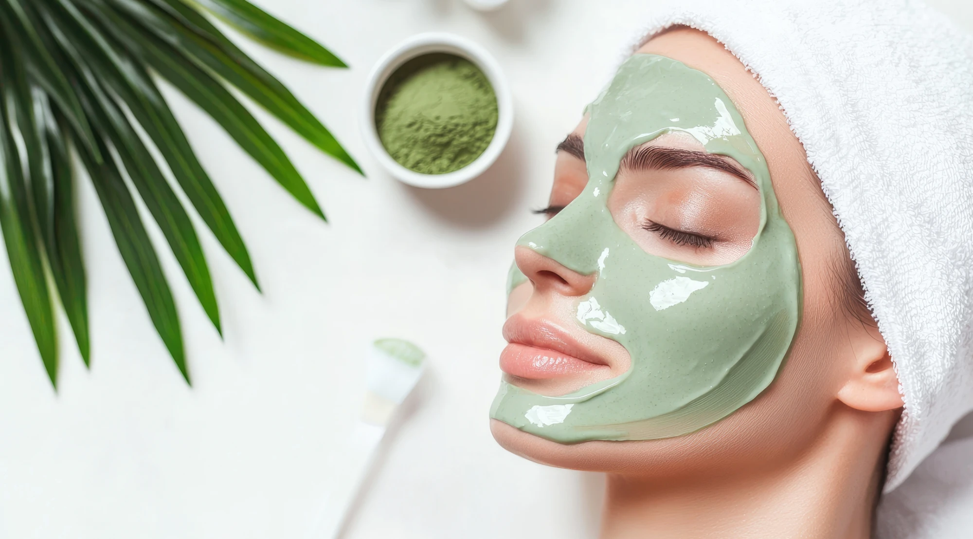 Woman with a green tea clay mask applied to calm oily skin