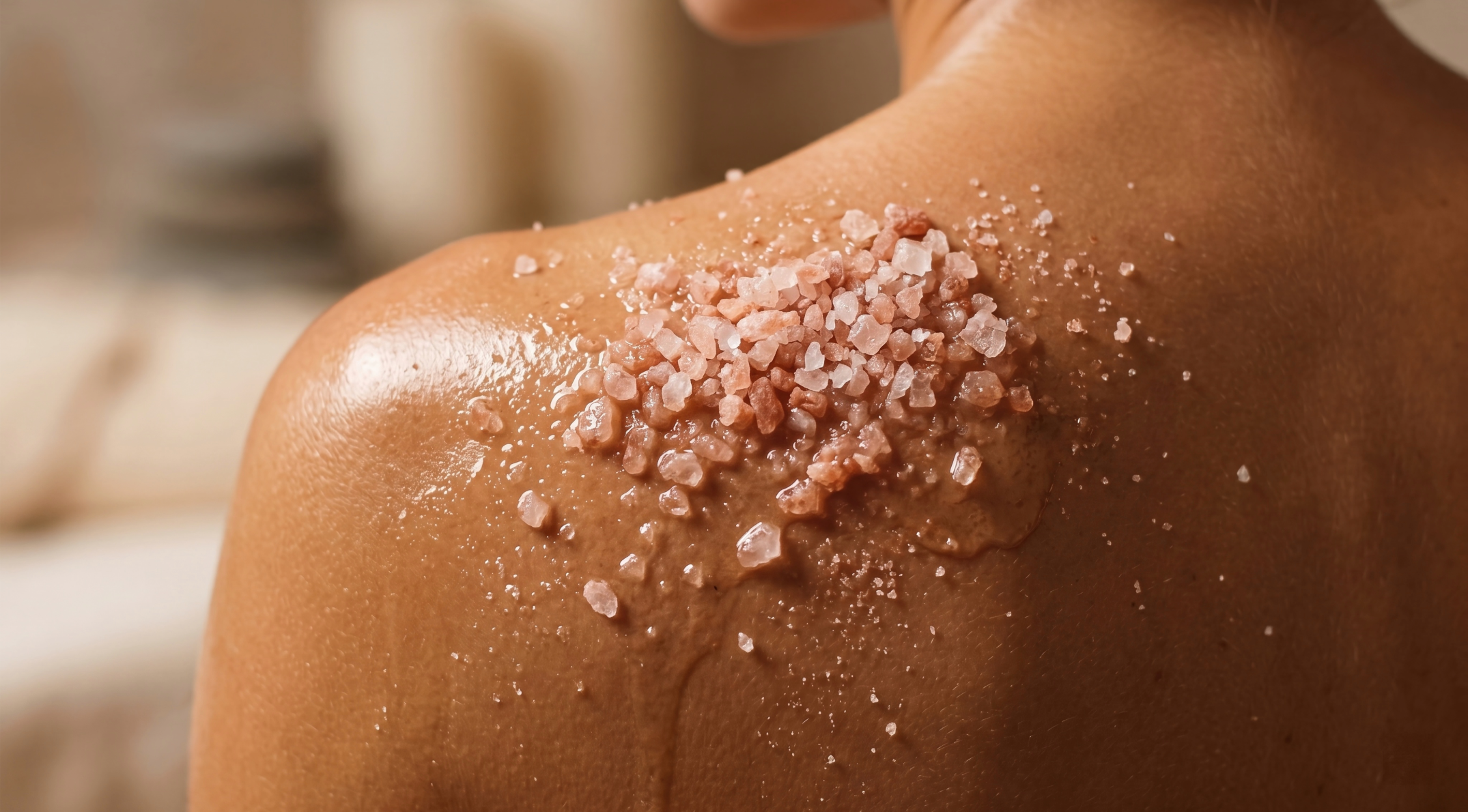 Close-up of pink Himalayan salt crystals on wet skin, used for a body scrub