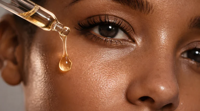 Golden serum dropper releasing a drop onto glowing skin