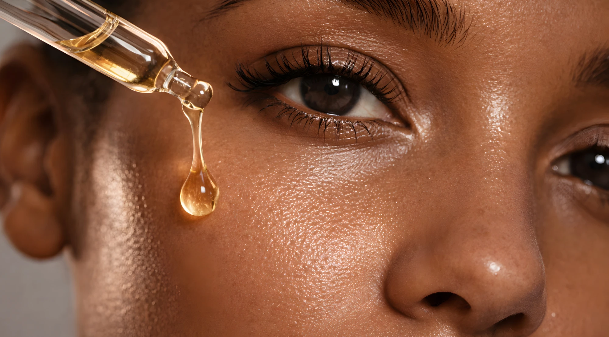 Golden serum dropper releasing a drop onto glowing skin