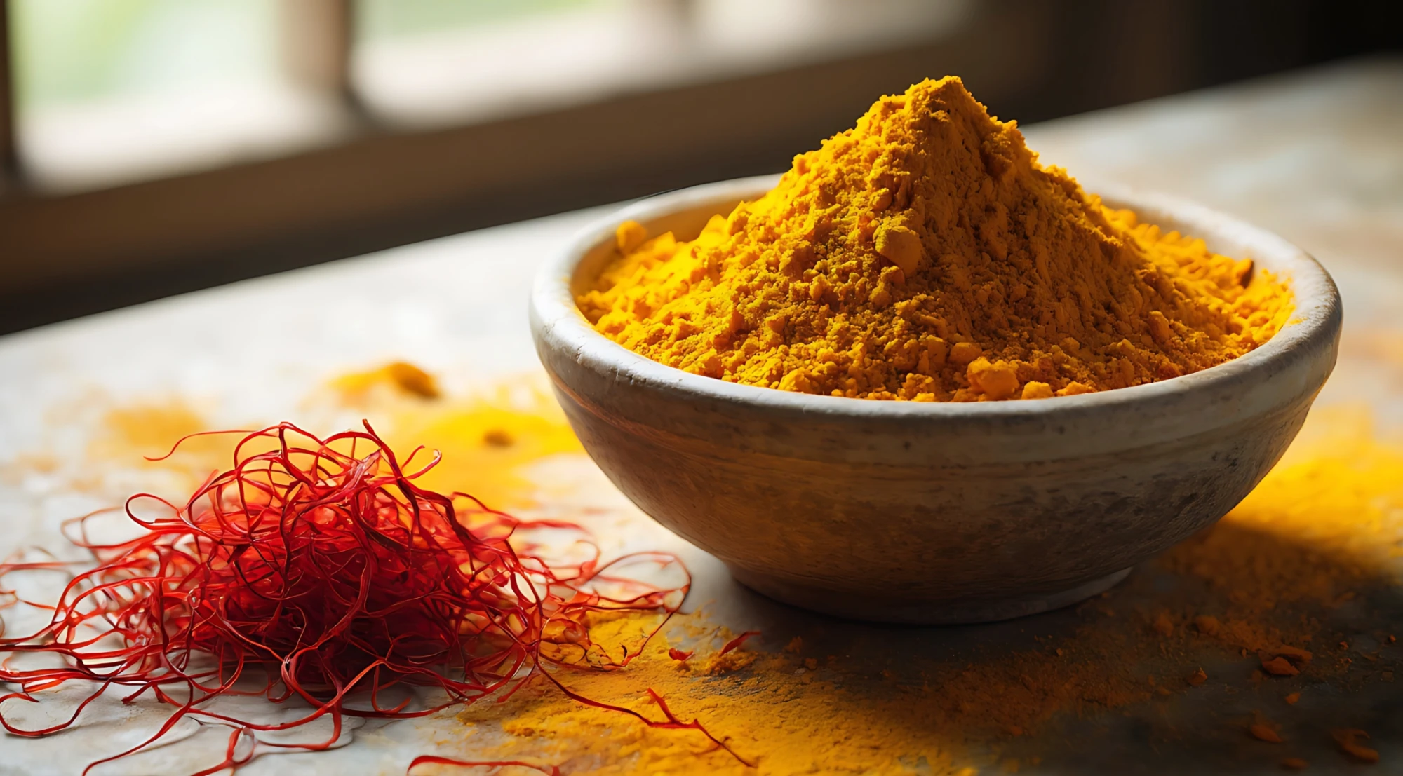 Turmeric powder in a bowl beside saffron threads